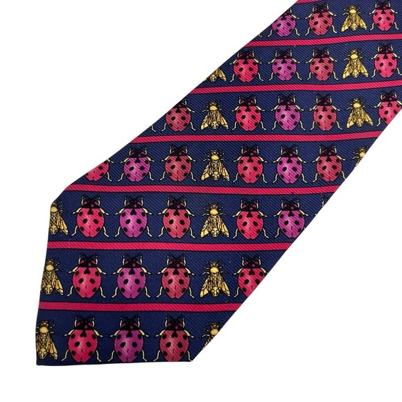 Gianni Versace Vtg Men's Tie Ladybugs & Flies Navy/Red Silk 4
